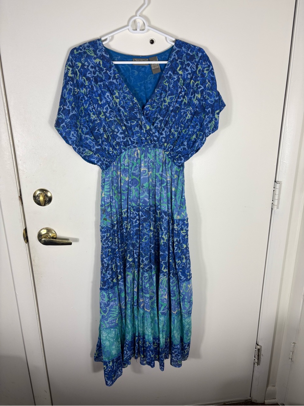 Jane Ashley Women  Sz M BlueTeal Boho cottagecore Tiered dolman V-Neck Midi Dres - Picture 3 of 6